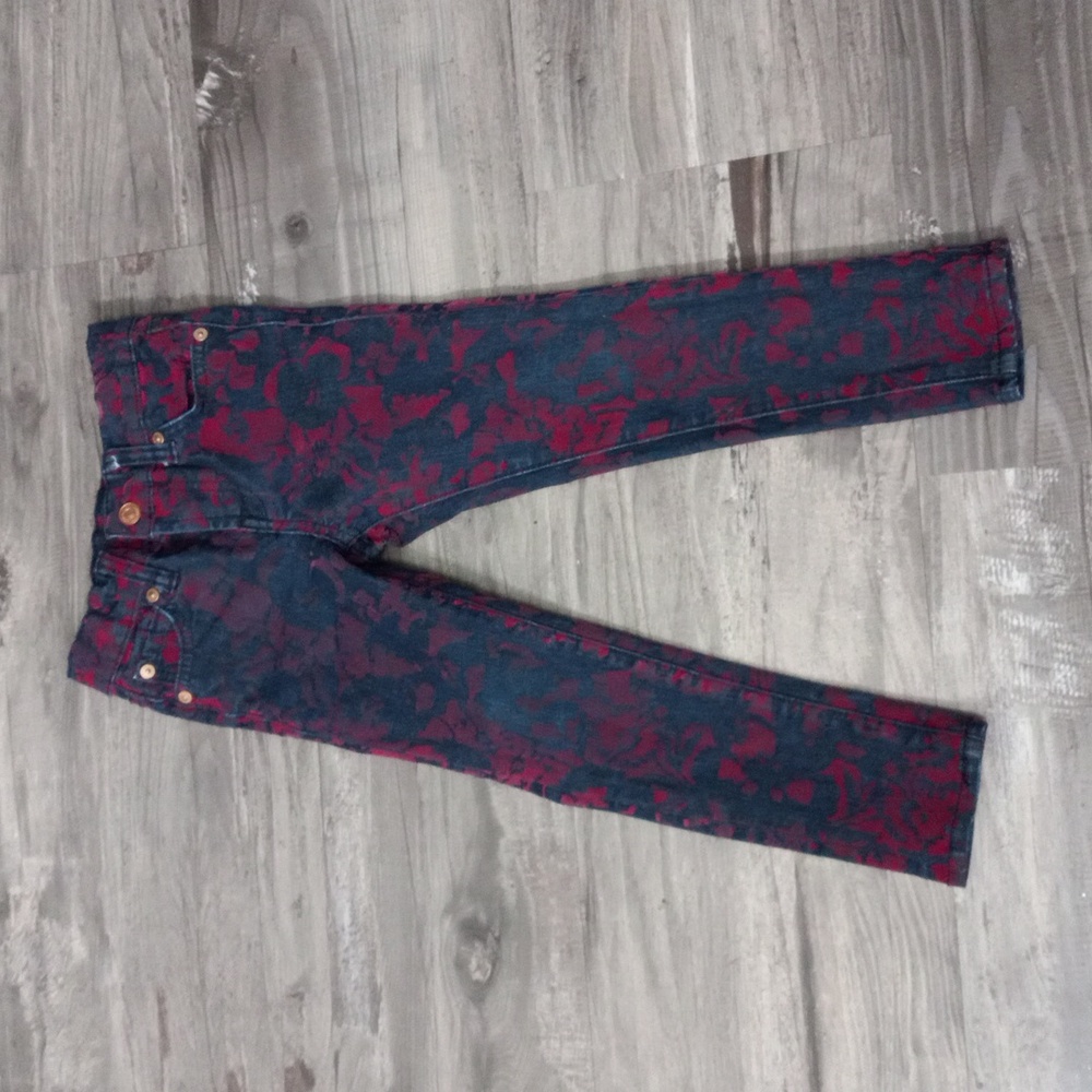 7 For Alll Mankind Red Velvet Flocked Skinny Jeans Girls Sz 4